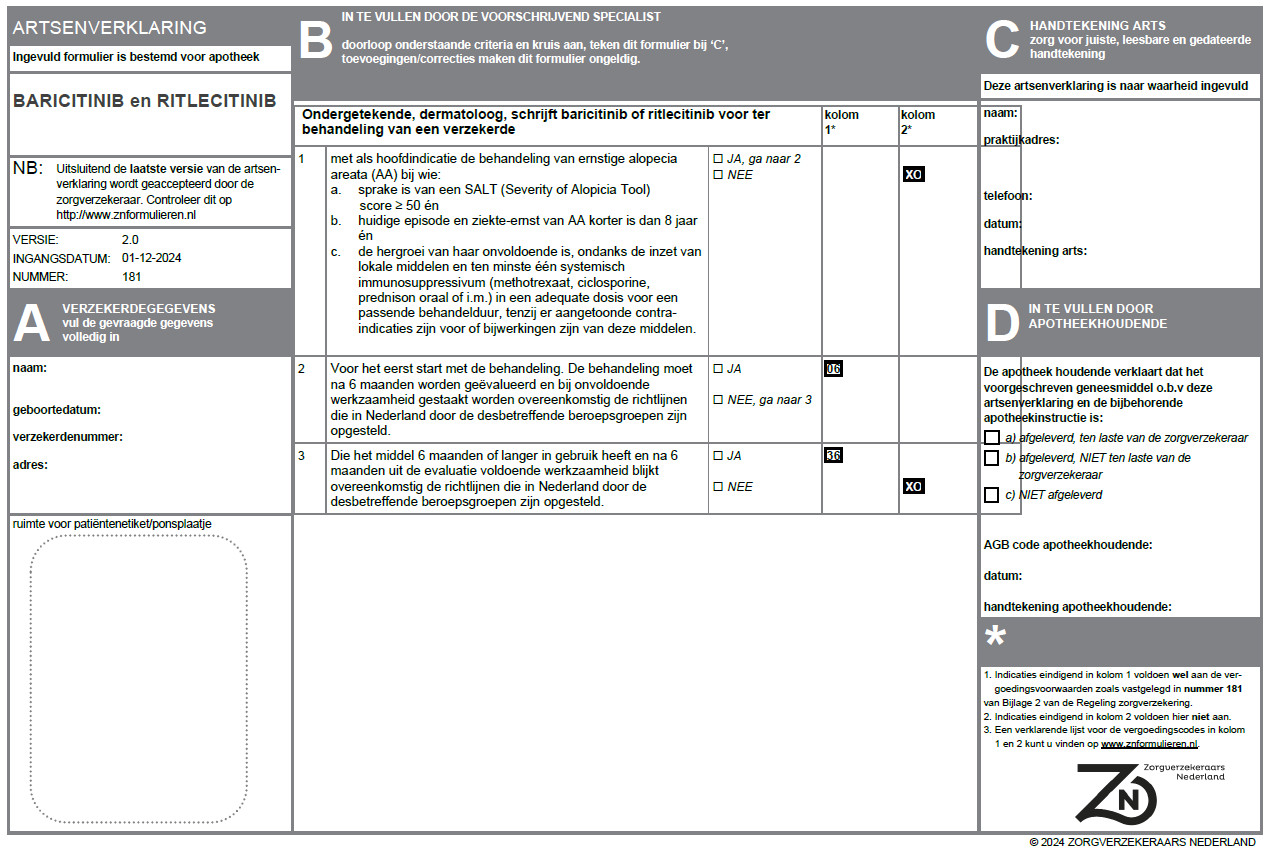 Artsenverklaring baricitinib en ritlecitinib bij alopecia areata